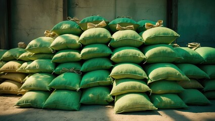 Fototapeta premium Flood protection area with covered sandbags for dam construction