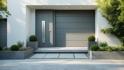 Contemporary gray garage adjacent to a Scandinavian-inspired house with automatic door in a German European city