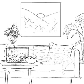 cat sleep onthe sofa in livingroom drowing