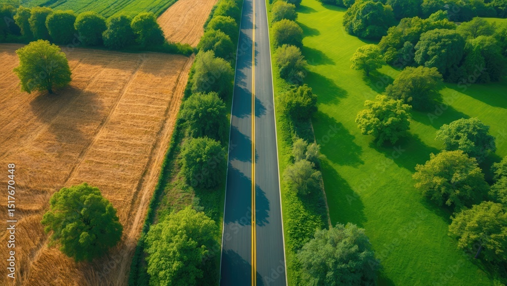 Poster aerial view of highway passing through forest with pine trees and lakes