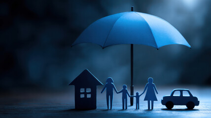 A concept image featuring an umbrella protecting a family, house and car