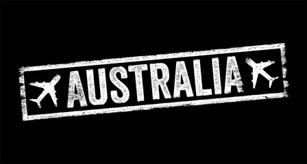Fototapeta premium Australia - a country and continent located in the southern hemisphere, surrounded by the Indian and Pacific Oceans, text emblem stamp with airplane
