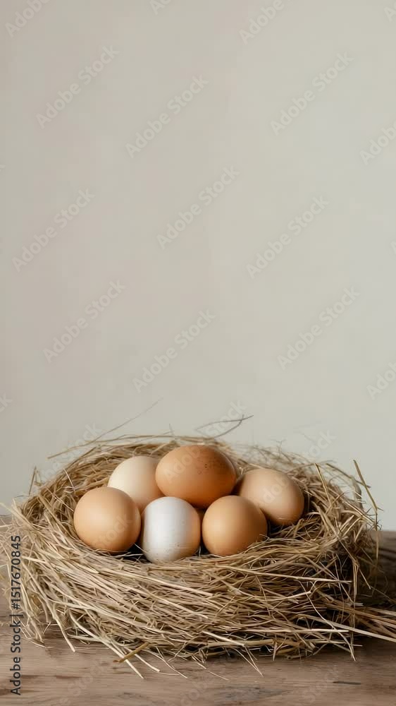 Poster organic brown and white eggs lie in a straw nest on a rustic wooden table against a minimalist off w