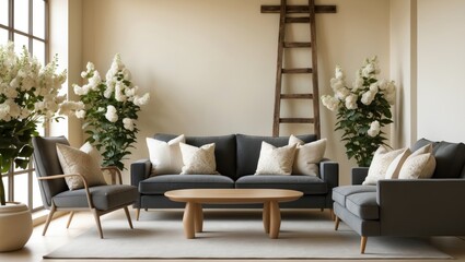 Contemporary home interior featuring a sofa, armchair, and wooden ladder in a natural, eco-friendly setting