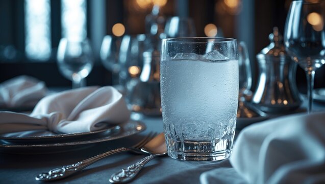 Chic water glass set on an elegant table for a festive meal