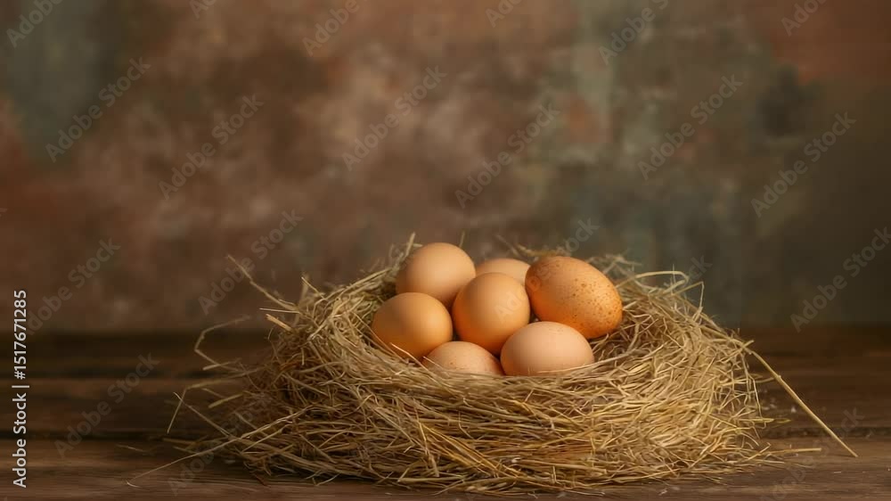 Poster fresh brown eggs nestling in straw woven nest positioned on weathered wooden table, showcasing rusti