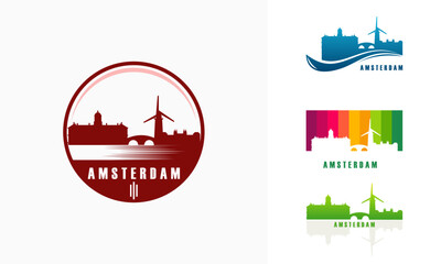 Naklejka premium Amsterdam city skyline graphic design variations.