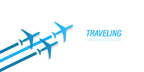 Minimal vector illustration of three blue airplane silhouettes on a white background with copy space and text  TRAVELING. Perfect for air travel ads, vacation web banners or modern travel concepts.
