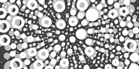 A minimal abstract pattern of white circles with soft gray shadows on a black background, creating a visual illusion of depth and movement from outer edges inward.