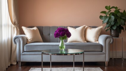 Living room interior featuring a bouquet of lilacs branches on the coffee table beside a grey sofa