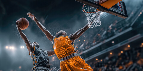 Players from both teams battle intensely for the ball in a fast-paced basketball game, energy high and crowd roaring