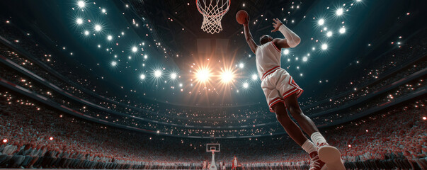 Basketball player jumps high to dunk the ball into the hoop during an intense game.