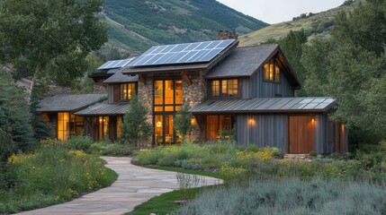Green-living residence with solar rooftop, earthy garden layout, and big windows to bring nature indoors