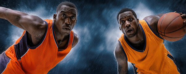 Players from both teams battle intensely for the ball in a fast-paced basketball game, energy high and crowd roaring