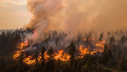 Massive wildfire spreading through forest with intense flames and thick smoke clouds, natural disaster and climate emergency scene