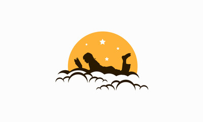 Silhouette of a person reading a book on a cloud at night.