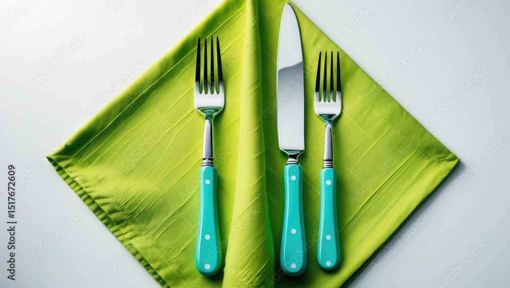 Poster knife and fork set on a white linen napkin in an elegant dining setting