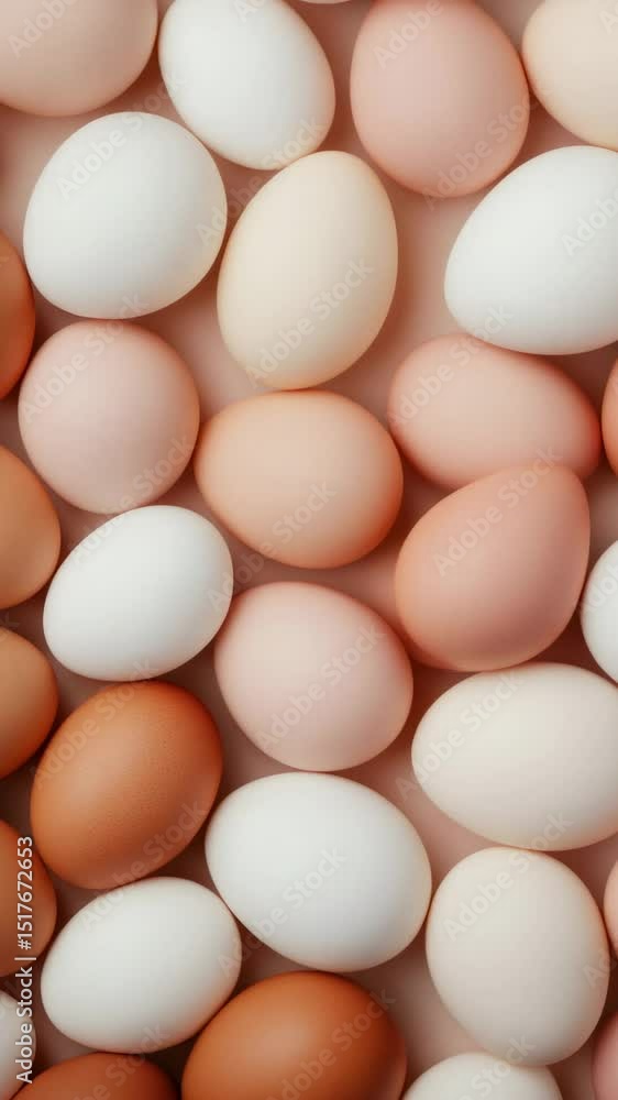 Poster Organic chicken eggs of various shades are arranged on a solid background, creating a visually appealing pattern that shifts subtly in a stop motion sequence
