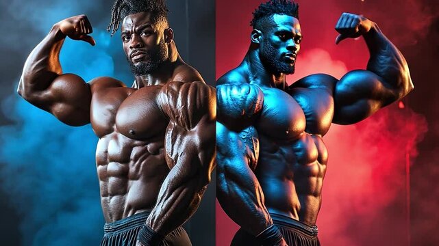 Dynamic footage of two muscular bodybuilders in a vivid color setup. Ideal for health, fitness projects, or showcasing strength training. Capture the essence of bodybuilding. Generative AI