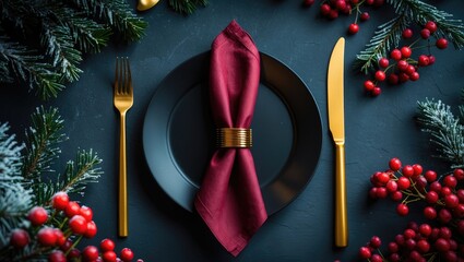 Stylish dinner setting with a red textile napkin, decorative ring, and cutlery on a black surface, flat view