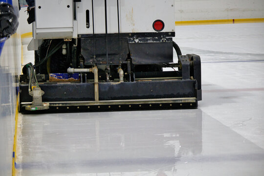 Ice resurfacer working in ice rink. Zamboni