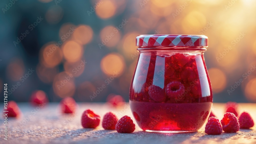 Poster white background featuring a jar of fresh strawberry and raspberry preserve