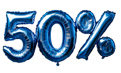 Fifty percent discount displayed by blue foil balloons.