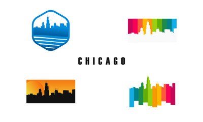 City skyline graphic designs in various color schemes.