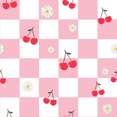 Plaid pink and white gingham pattern with cherries and daisies.eps