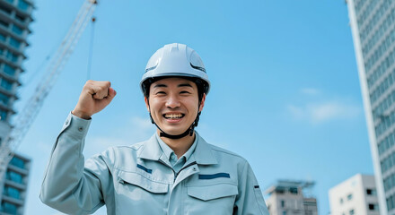 ヘルメットと作業服を着た若い日本人建設作業員が高層ビル建設現場を背景に笑顔でガッツポーズを見せる前向きでやる気に満ちた労働者の成功イメージ - 生成AI