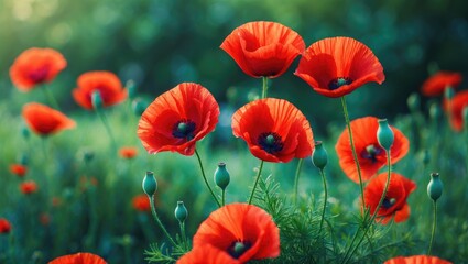Fototapeta premium Red poppies blooming in a garden bed amidst green leaves