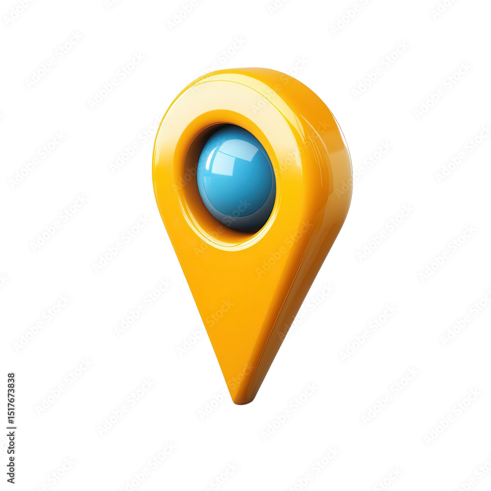 Poster guiding yellow pin signifying location journeys and discovery with a sleek on transparent background