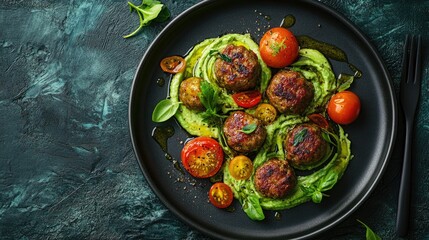 High-angle photo of meatballs with tomato salad and avocado cream swirl, vibrant plating for healthy and gourmet food concept