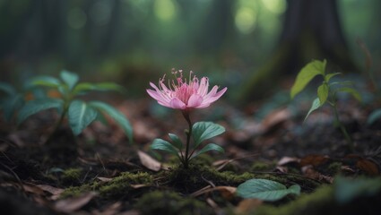 A single pink hellebore (Helleborus) blooms in the forest, representing resilience, renewal, and hope amid woodland beauty.