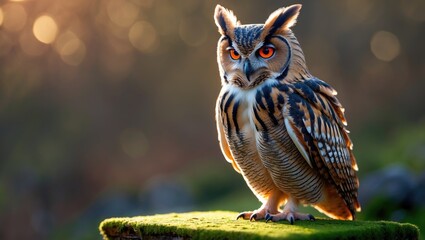 Close-up of a wild Eared owl (Asio otus) with vibrant orange background