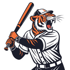 A ferocious tiger in a vintage military uniform, intensely roaring, gripping a baseball bat.  The scene is dramatic and surreal.