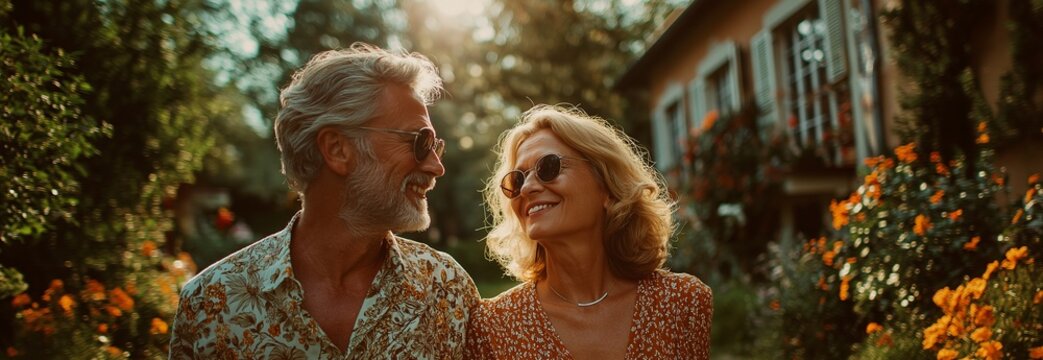 A happy couple strolling through a garden while taking in the warm weather