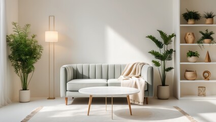 Contemporary home living space with sofa, wall shelving, and coffee table design