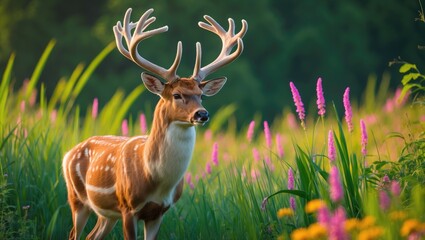 Spotted deer in Bandipur Tiger Reserve, Karnataka, India amidst lush green nature