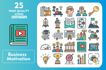 Fototapeta premium Business Motivation Line Filled Icon Set. Incleded Icons Corporate Identity, Books, Tutorials, Online Course, Creativity, Trophy, Target, Growth, Focus, Skill, Fist. Vector Icons Collection