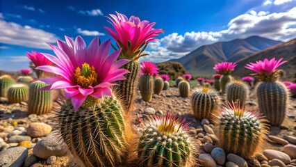 A desert with rare blooming cacti flowers. generative ai
