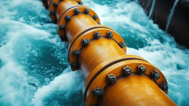 Close-up of a bright orange industrial pipeline crossing dynamic teal ocean water, with bolts and flanges visible. The image engineering precision and marine infrastructure in a powerful composition.