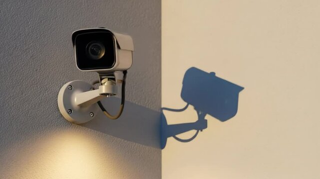 Modern security camera is mounted on an exterior wall, capturing surveillance footage during sunset, highlighting the sleek design and functionality of contemporary security systems