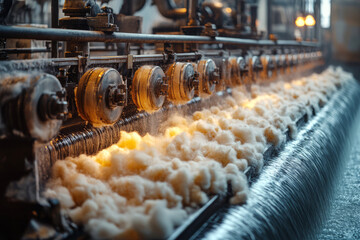 Delicate fibers flow through a sophisticated cotton processing machine, which gently combs and separates raw cotton in a bustling industrial environment