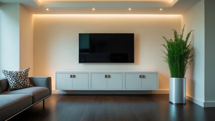 Contemporary home interior featuring a TV stand and minimalist decor in a spacious living room