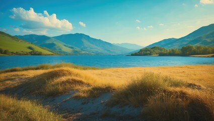 Obraz premium A breathtaking mountain lake nestled among rolling hills and vibrant vegetation beneath a bright blue sky.