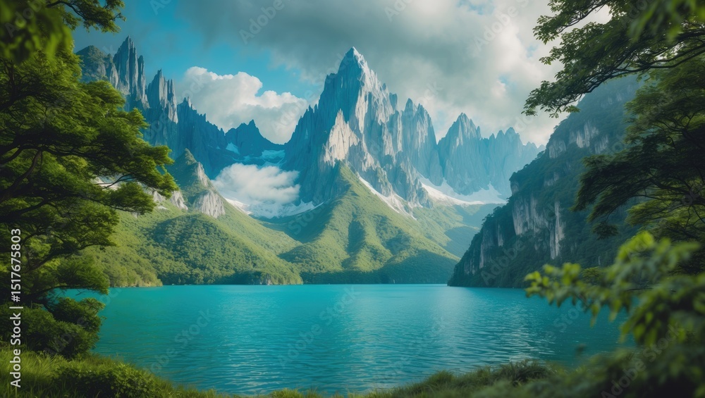Poster serene mountain lake with towering peaks in the background and tree branches in the foreground