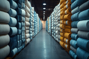 In an airy manufacturing plant, vibrant rolls of freshly woven cotton fabrics stand in tidy stacks. Industrial lighting highlights the textures and colors