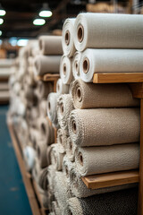 Stacks of freshly woven cotton fabrics in neat rolls fill the manufacturing plant, illuminated by industrial lights overhead, emphasizing the intricate artistry of textile production