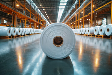 Finished cotton fabric rolls are being meticulously loaded for transportation in a large industrial warehouse. Warm lighting highlights the textures and organized storage